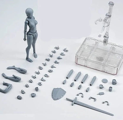 Articulated human mannequin kits for artists with interchangeable accessories