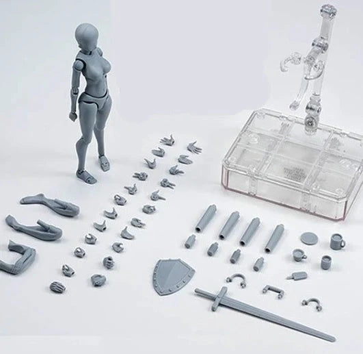 Articulated human mannequin kits for artists with interchangeable accessories