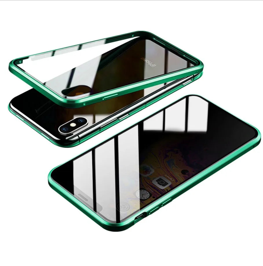 Glass anti-spy clamshell phone case in multiple colours for iPhone models.