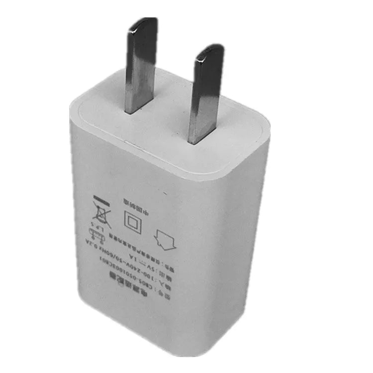 White 5V 1A USB wall charger with CE and FCC marks for China Unicom mobile phones.