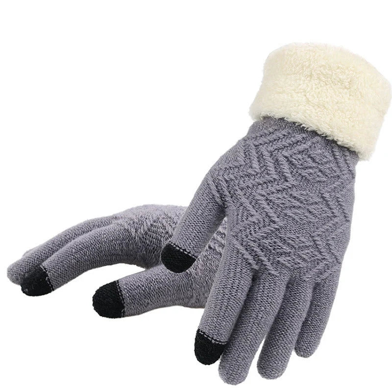 Women's winter knitted gloves in Jacquard design, available in purple, pink, grey, and black