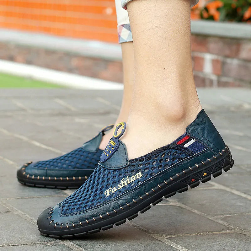 Men's brown breathable mesh casual shoes with a round toe and non-slip rubber sole.