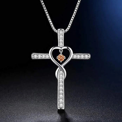 Christian Cross Birthstone Pendant Necklace with Zircon Heart in gold-plated finish
