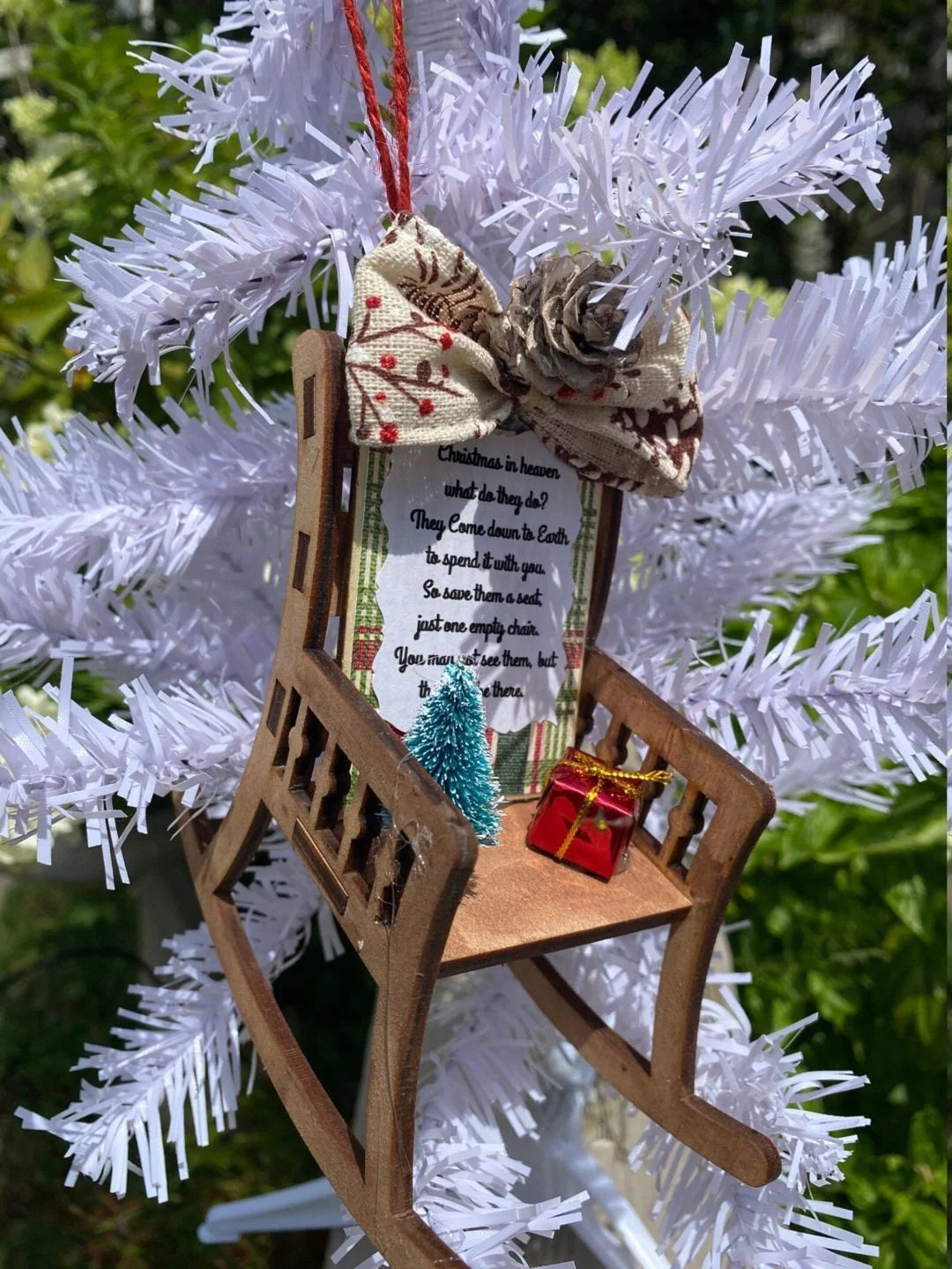 Heaven Chair Christmas Ornament in red, white, and wood colour for memorial decoration