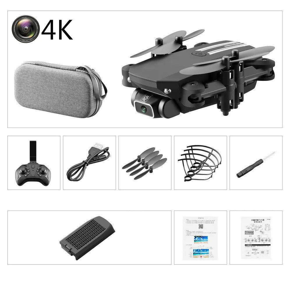Mini folding drone with 4K camera and foldable arms in black plastic and metal construction