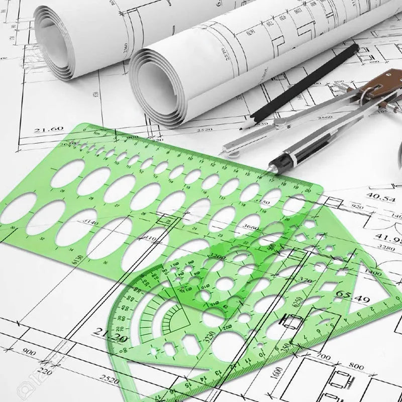 Clear green plastic geometric drawing templates set with 11 pieces and poly zipper envelope