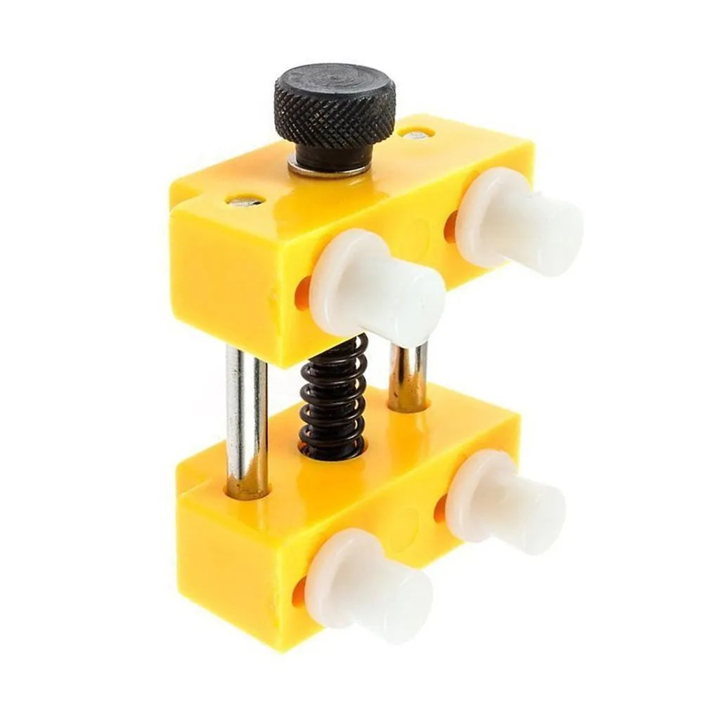 Yellow plastic watch case opener tool and fixing base set for watch repair and battery changes