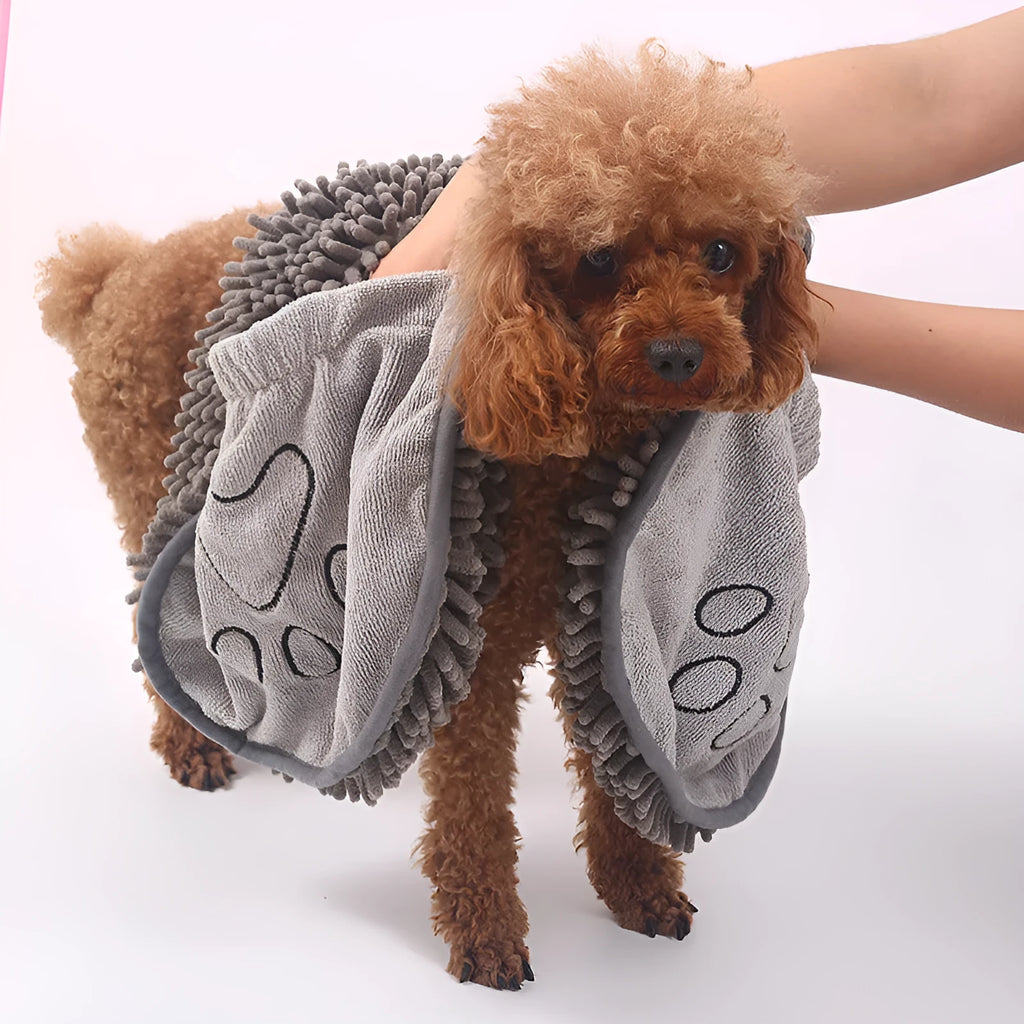 Grey pet scrubbing towel for cats, 35x80cm, made from absorbent fibre with gloved design