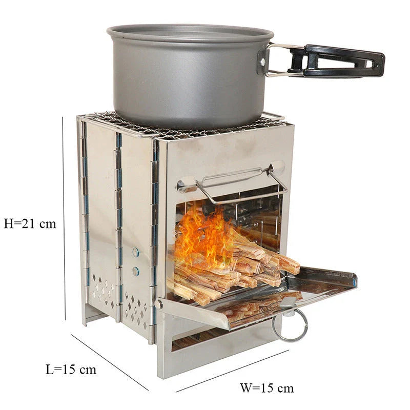 Adjustable folding wood stove for outdoor cooking, compact and windproof