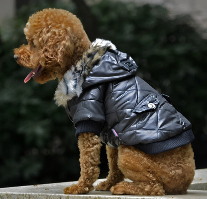 Black fur collar dog coat in M size, hooded with buttons, polyester fleece for winter warmth, 28cm back length