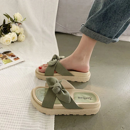 Women's Two Wear Flat Platform Sandals in green, beige, and black with 4.5cm heel