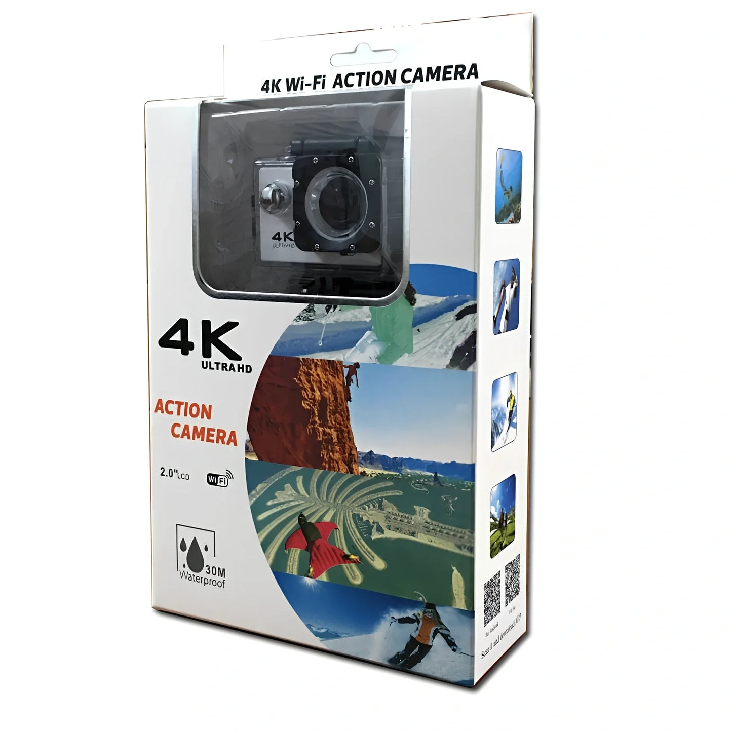 Black 4K HD motion camera with 2.0-inch display and 170-degree lens, dimensions 29.8x59.2x41mm for action sports