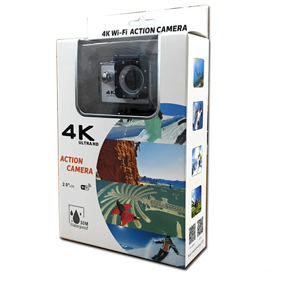 Black 4K HD motion camera with 2.0-inch display and 170-degree lens, dimensions 29.8x59.2x41mm for action sports