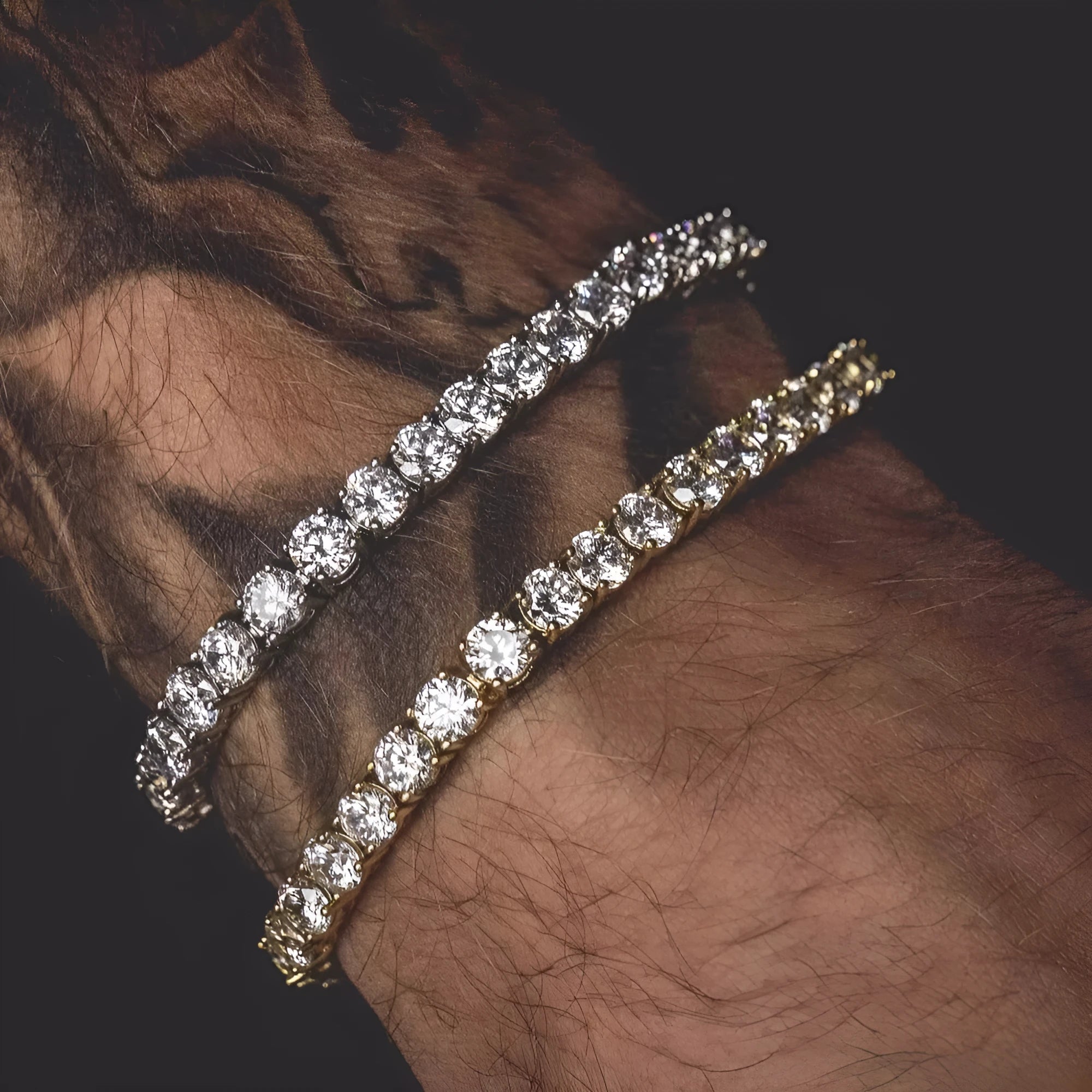 Men's hip hop bracelet with single row iced out rhinestones and zirconia tennis charm in geometric link chain design