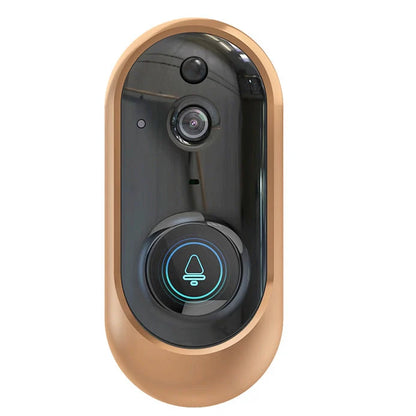Low-power smart doorbell in gold, featuring wireless design and dual power options