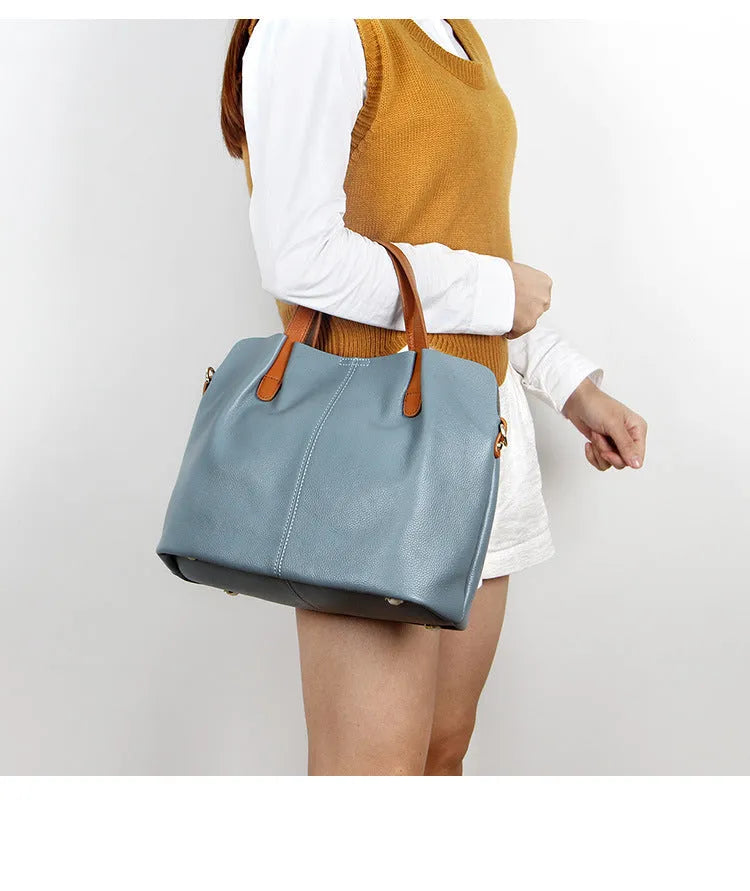 Genuine cowhide leather vertical square tote bag for women, 33cm length, available in five colours including Flax Blue and black