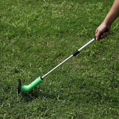 Cordless lawn trimmer with extension pole and protective debris shield for easy garden maintenance