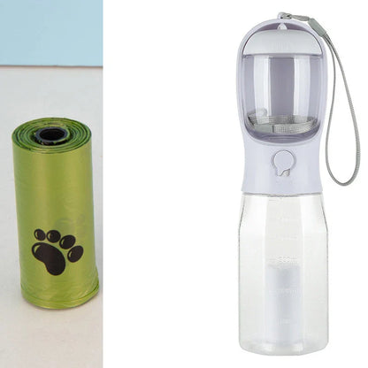 3-in-1 multifunctional pet water bottle with food feeder and waste bag dispenser in various color options