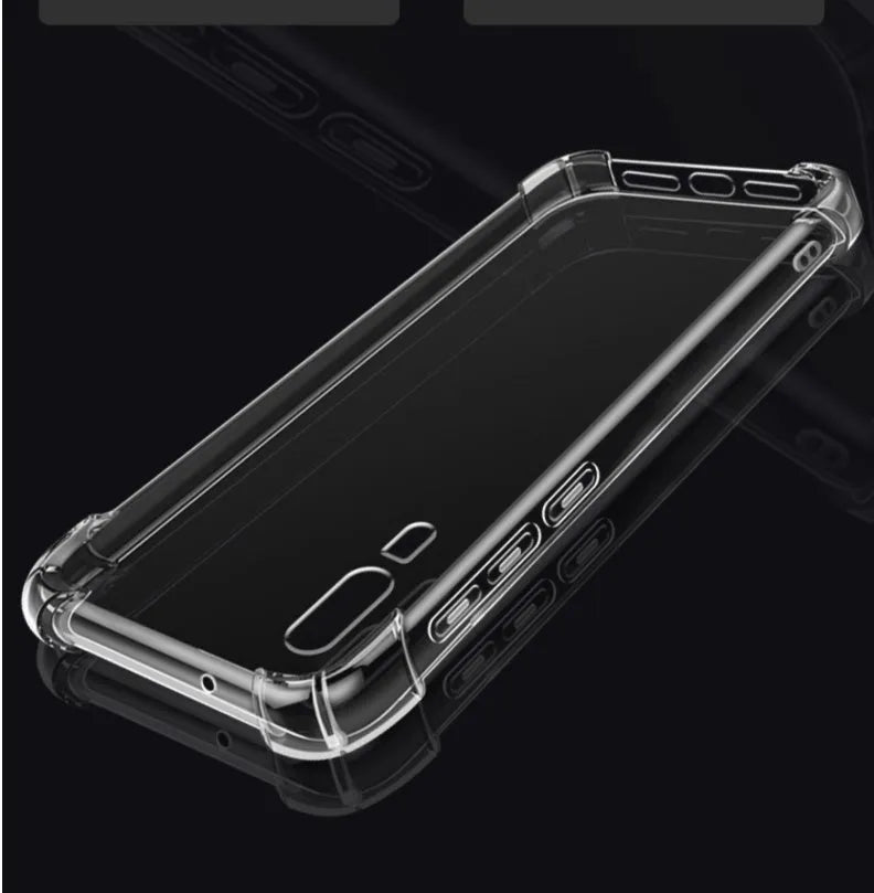 Transparent TPU phone case for Huawei and Honor smartphones showing airbag anti-fall design.