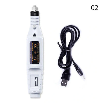 Pink USB-charging electric nail drill machine with 6 grinding heads and power cord