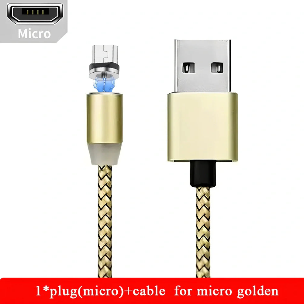 YBD 1m black magnetic LED charging cable with three-in-one plugs for iPhone and Android, showing N52 magnet connection
