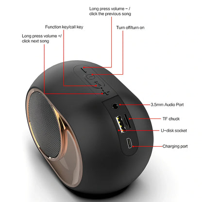 X6 Bluetooth speaker in black with 5W subwoofer, USB port, and 1200mAh battery for wireless audio