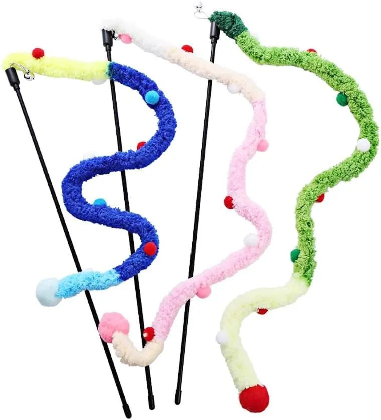 Cat teaser wand with long plush strip and colourful ball with bells for interactive indoor play