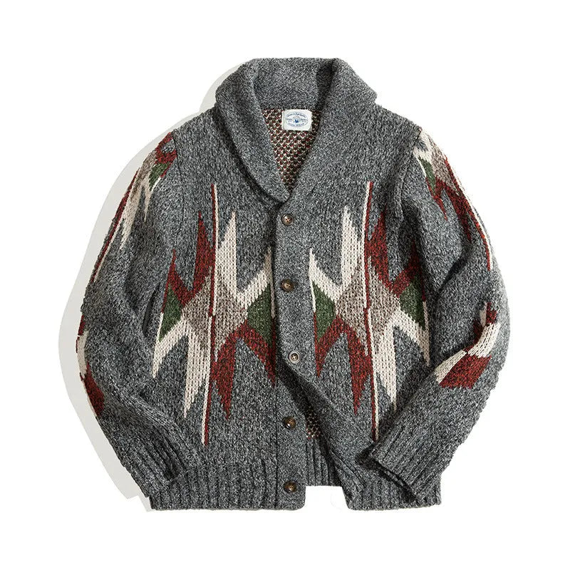Men's lapel cardigan in dark grey, thick polyester jacket with long sleeves