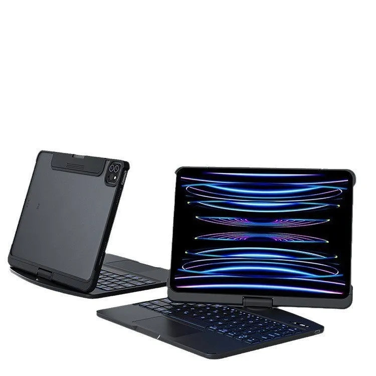 Transparent protective case with integrated wireless Bluetooth keyboard for iPad Pro and iPad Air models.
