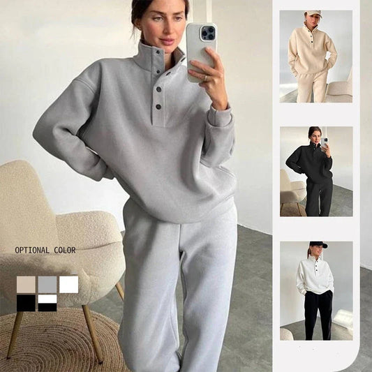 Cozy pullover and pant set in neutral colors, featuring a relaxed, oversized fit and warm hoodie design for ultimate comfort and style.