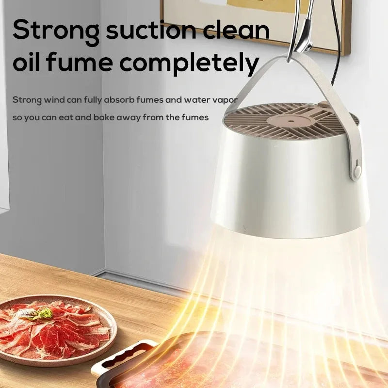 Milky white portable desktop kitchen extractor fan with tripod and USB cable