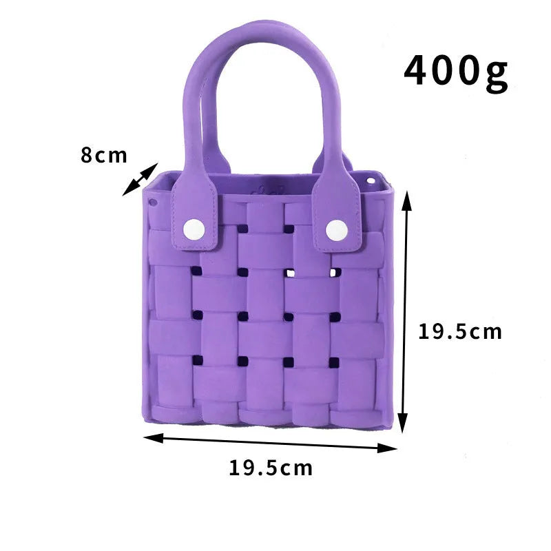 Light luxury minority beach messenger bag in pink, square vertical EVA woven design with double shoulder straps