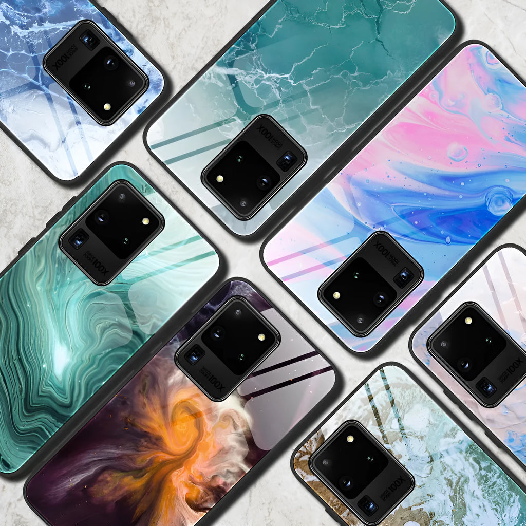 Marbled glass phone case with TPU bumper and tempered glass back for Samsung Galaxy models