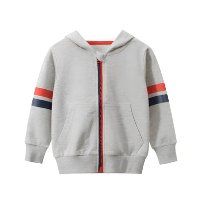 Boy's grey hooded cotton zipper sweatshirt, long sleeve, sizes 90-140cm for ages 1-9, soft fabric with rounded neck