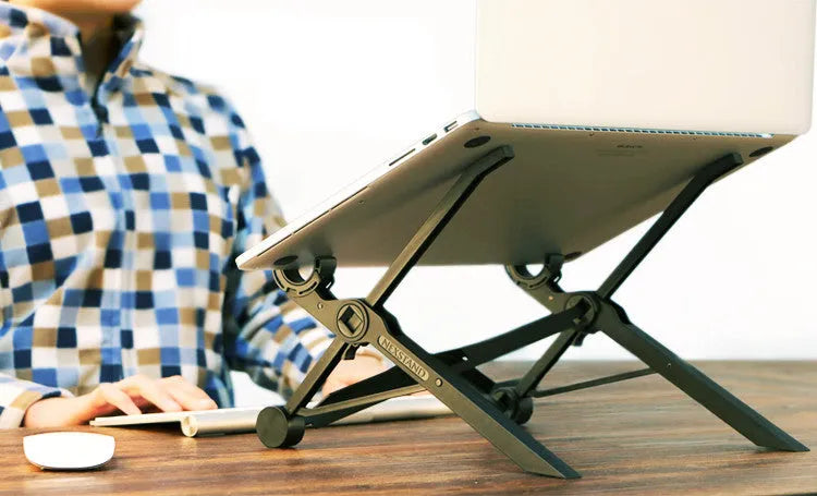Black folding portable laptop stand made from reinforced nylon, shown in both open and compact folded positions.