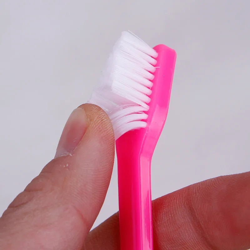 Pet toothbrush set with double head plastic brush and two soft silicone finger toothbrushes for dogs and cats
