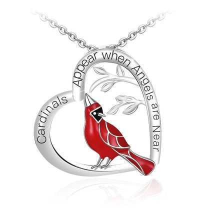 Heart shaped cardinal pendant necklace with silver water wave chain