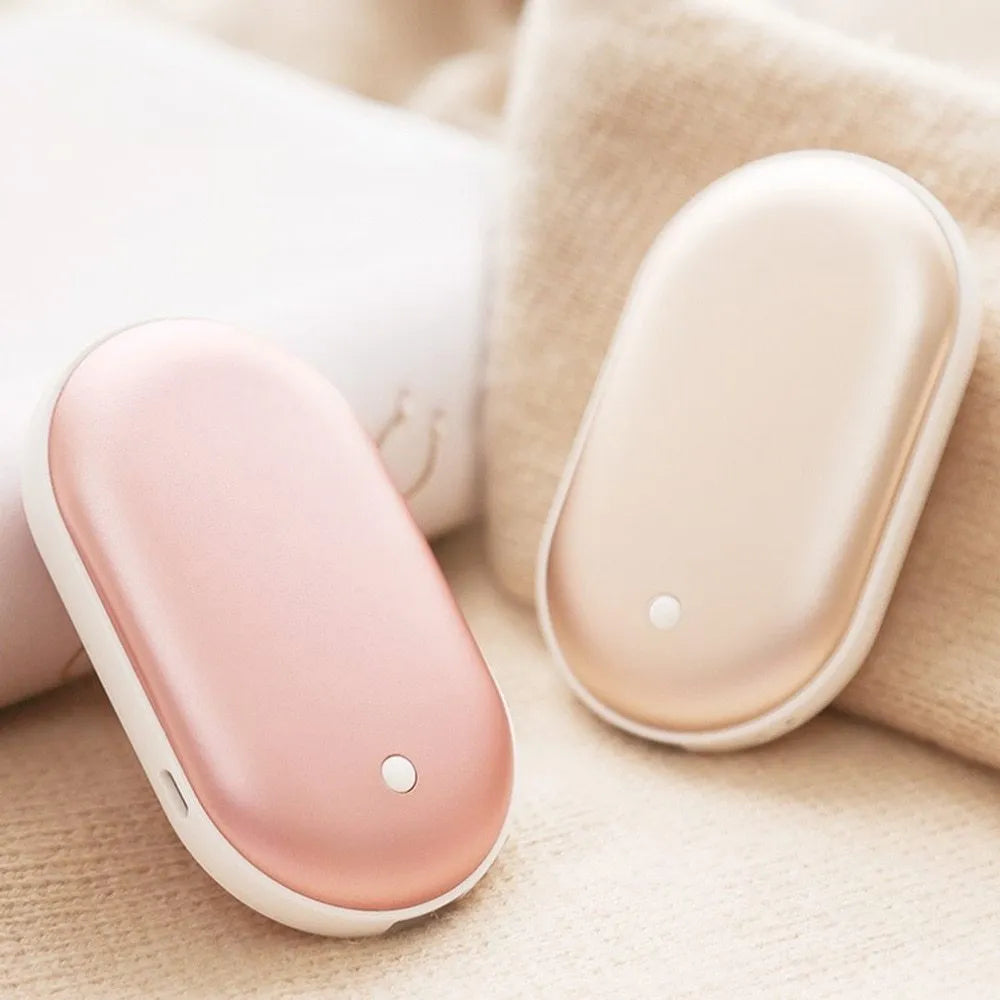 Macaron USB charging hand warmer power bank in aluminium alloy casing with double-sided heating and indicator light