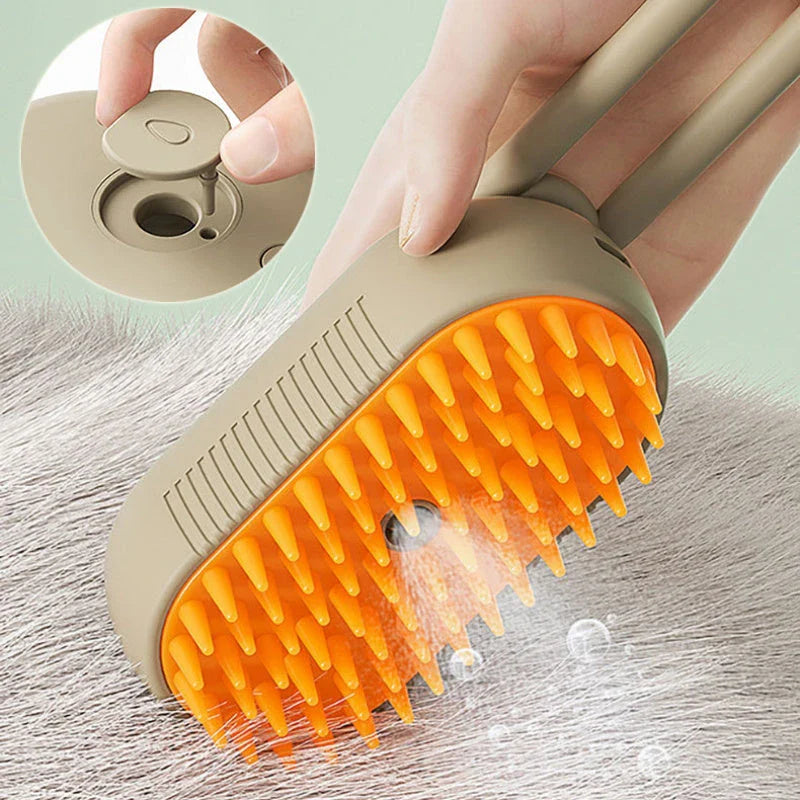 A 3-in-1 pet grooming brush with a steam spray function, designed to gently brush, massage, and moisturize your pet's coat.