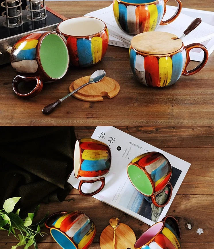Handmade ceramic cup set with lid and spoon in vibrant colours, 350ml capacity