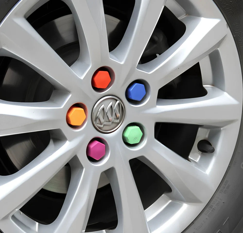 Green silica gel hub screw caps fitting 19mm car wheel bolts, 6.5 x 4 x 1.5 cm size, 20 sets for rust protection