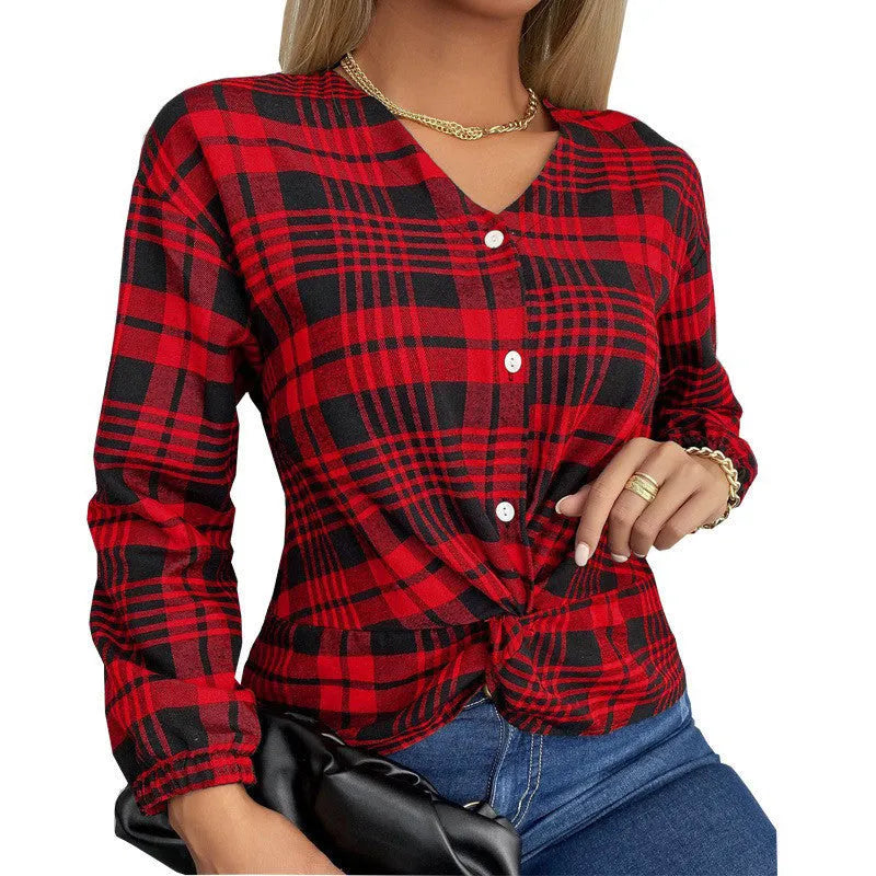 Women's purple plaid casual shirt with regular sleeves and loose fit on hanger