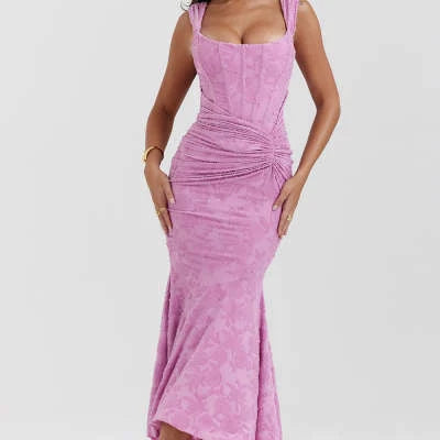 Mozision off-shoulder backless purple evening dress with ruched bodycon design