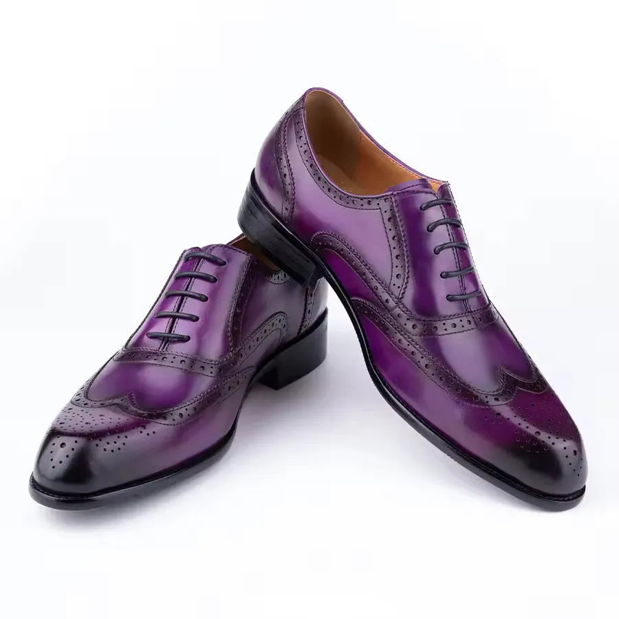 Men's purple leather Oxford shoes with hand-carved detailing and pointed toe