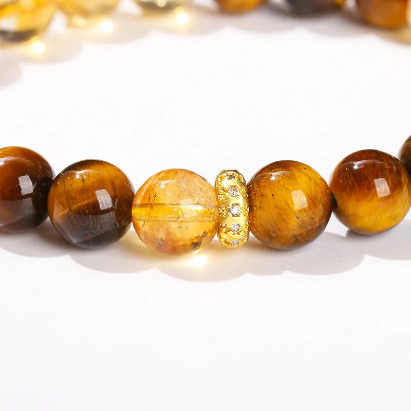 Natural yellow tiger eye stone and tower crystal bracelet with 8mm round beads in geometric design