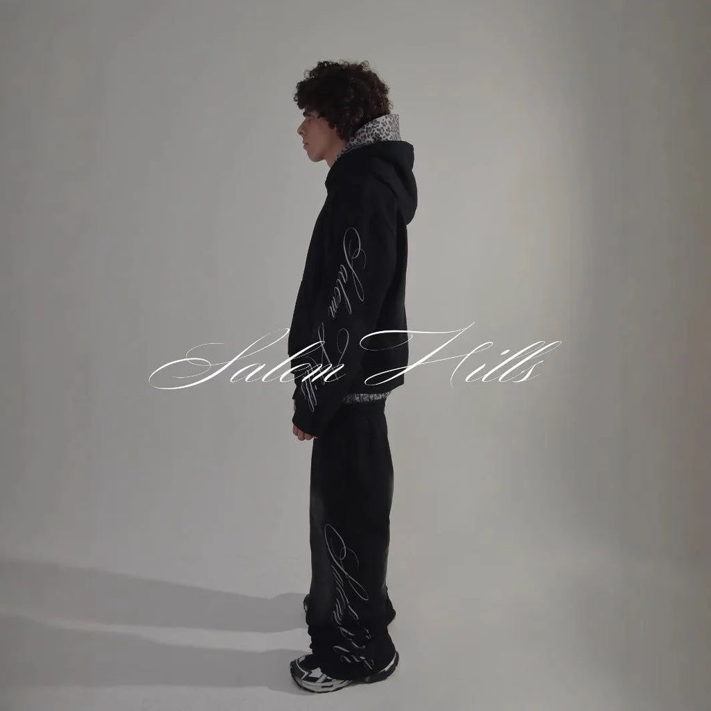 Men's black punk print hoodie tracksuit set with matching trousers and fleece lining