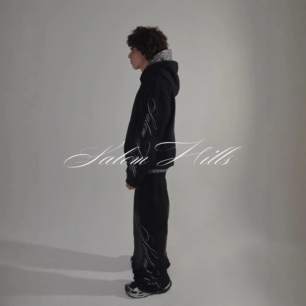 Men's black punk print hoodie tracksuit set with matching trousers and fleece lining