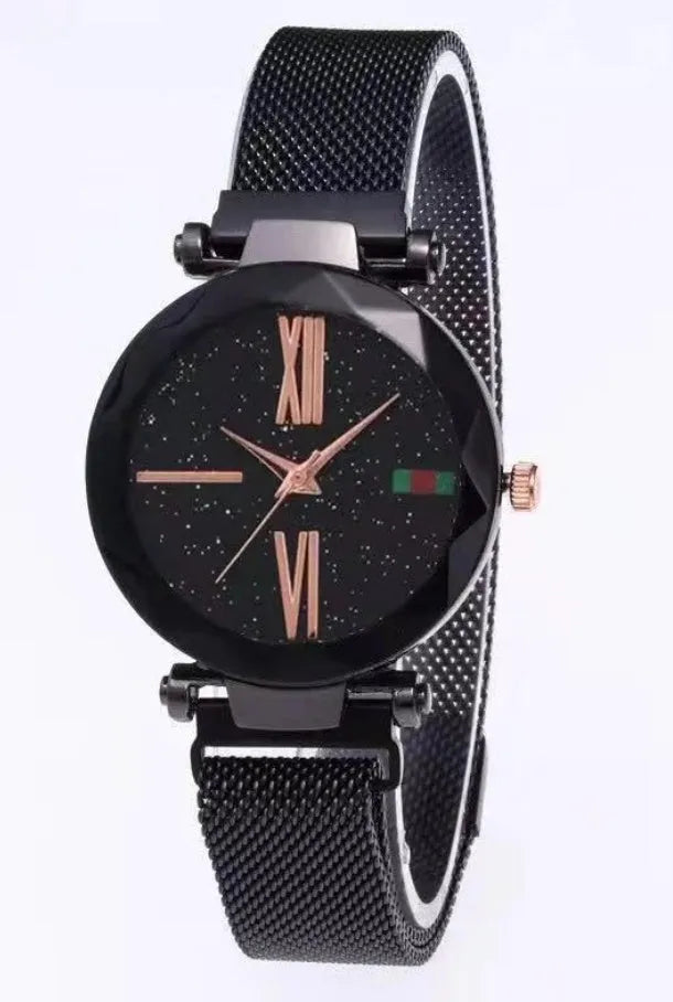 Starry Sky women's watch with magnetic mesh strap, alloy case, and glass surface, 34mm diameter