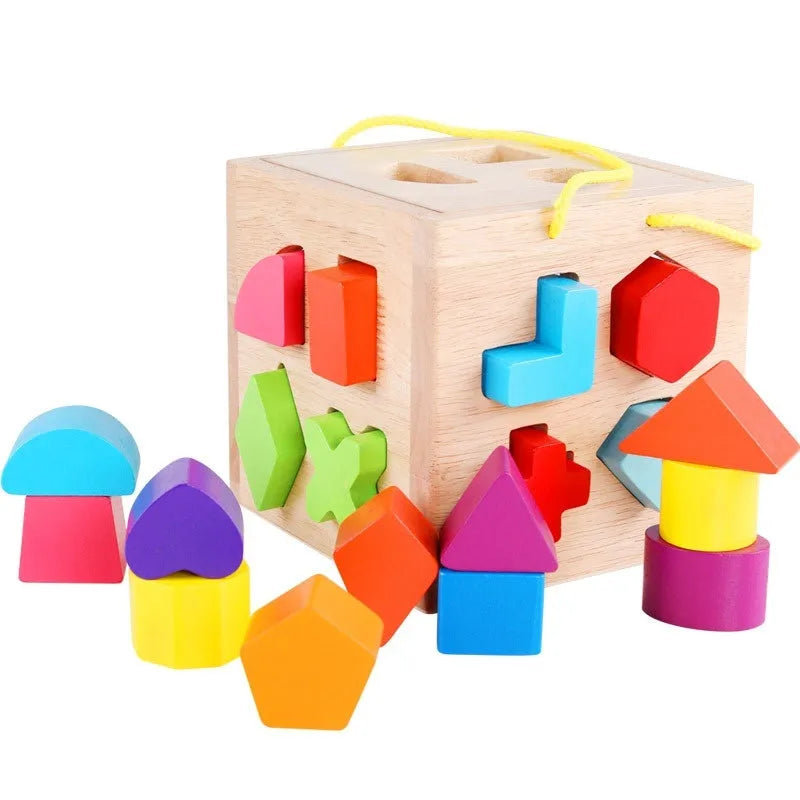 Wooden geometric shape matching building blocks with intelligence boxes for infants