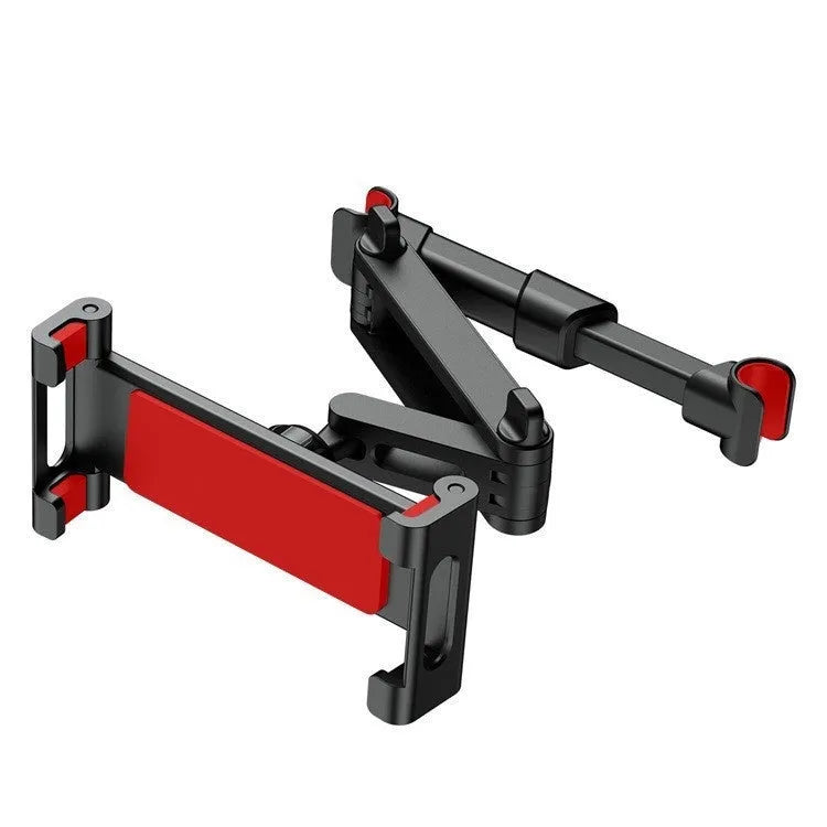 Car back seat mobile phone and tablet mounting stand in black with lace design, showing device in horizontal orientation